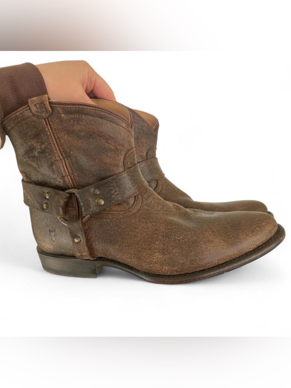 Frye Wyatt Harness Short Boots Distressed Dark Brown Leather Western Size 10B